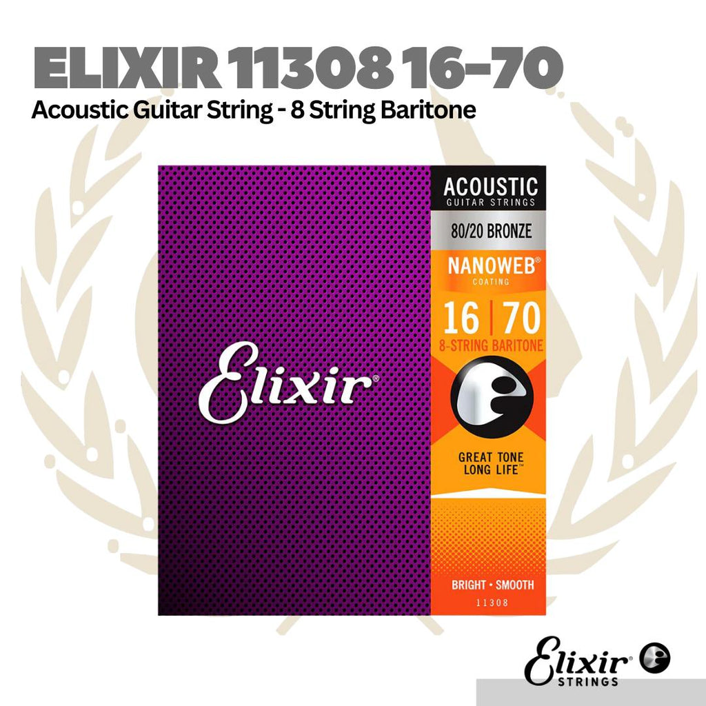 Elixir 11308 16-70 Nanoweb 80/20 8-String Baritone Acoustic Guitar Strings