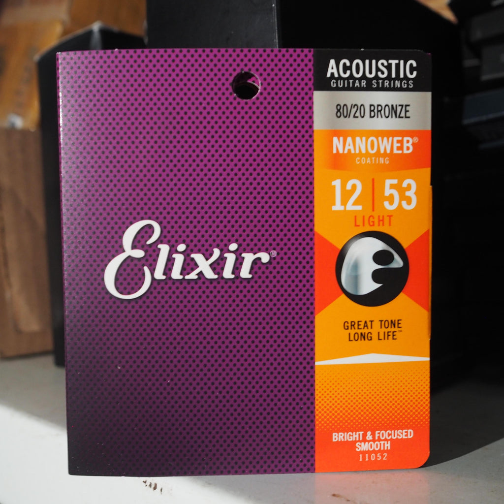 Elixir 11052 Nanoweb 80/20 Bronze Acoustic Guitar Strings, Light, 12-53