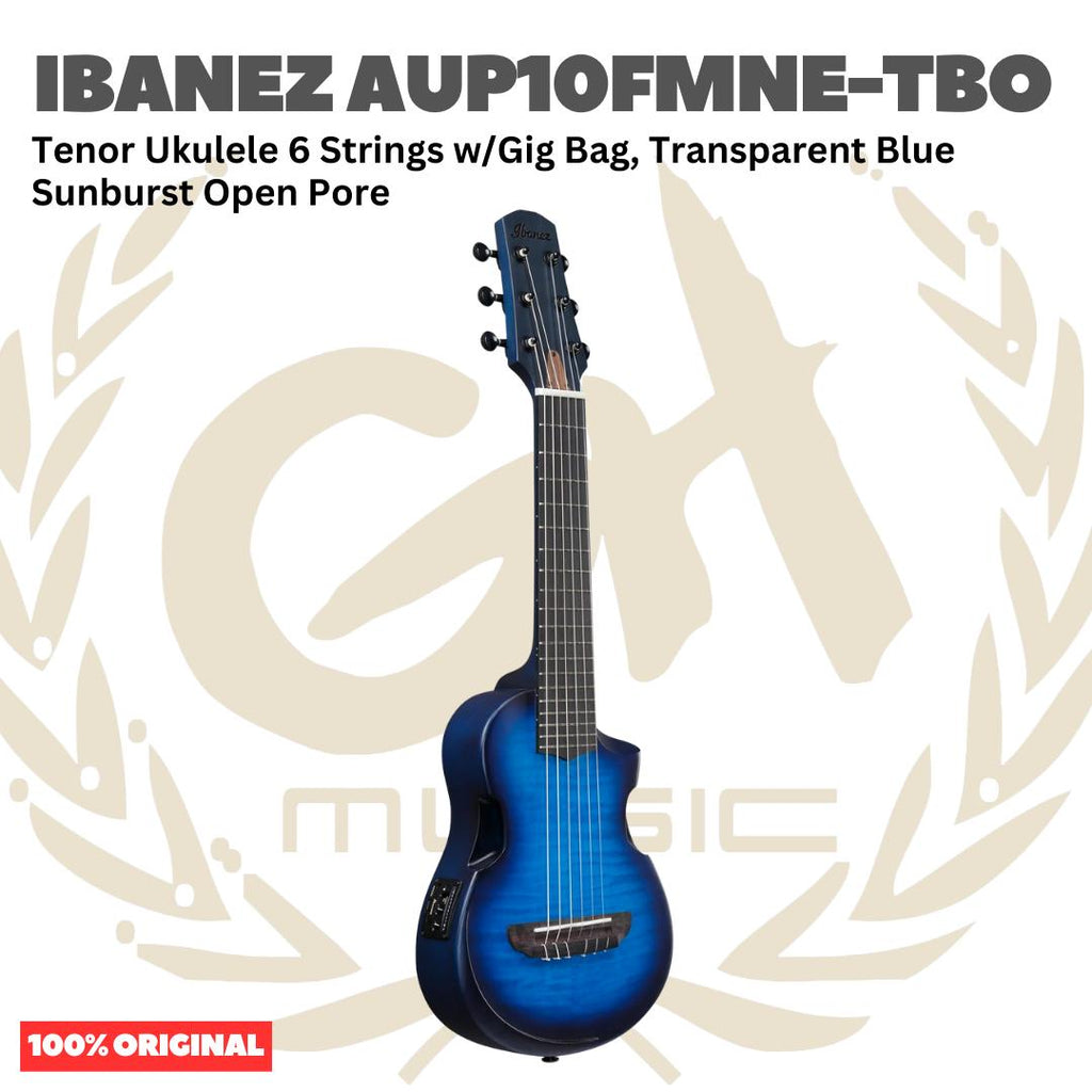 Ibanez AUP10FMNE-TBO Tenor Ukulele 6 String w/Gig Bag, Transparent Blue Sunburst Open Pore - Gitar Lele Elektrik dengan Preamp