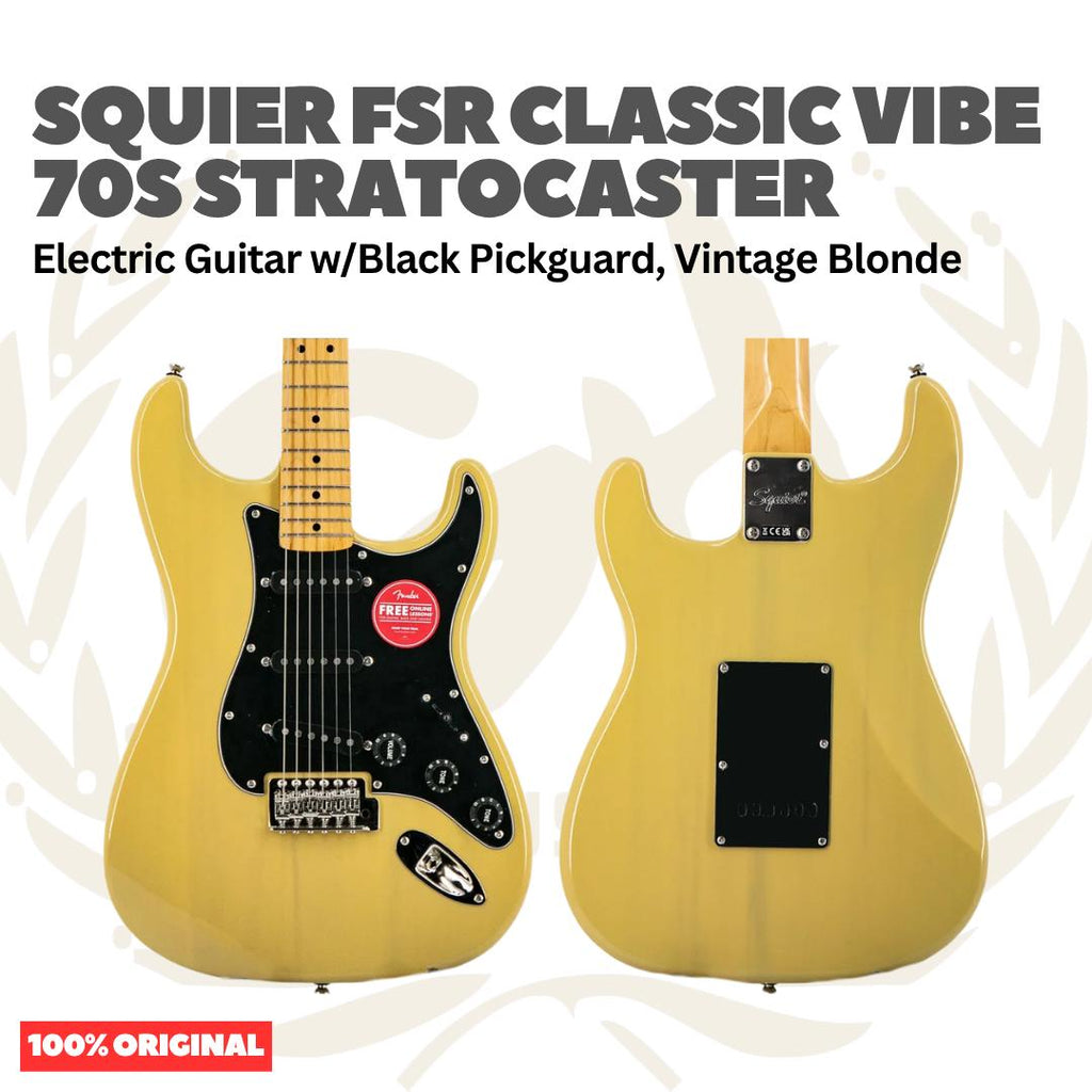 Squier FSR Classic Vibe 70s Stratocaster Electric Guitar w/Black Pickguard, Vintage Blonde - Gitar Listrik Elektrik