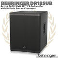 BEHRINGER DR18SUB Active 2400 Watt 18" PA Subwoofer + Stereo Crossover
