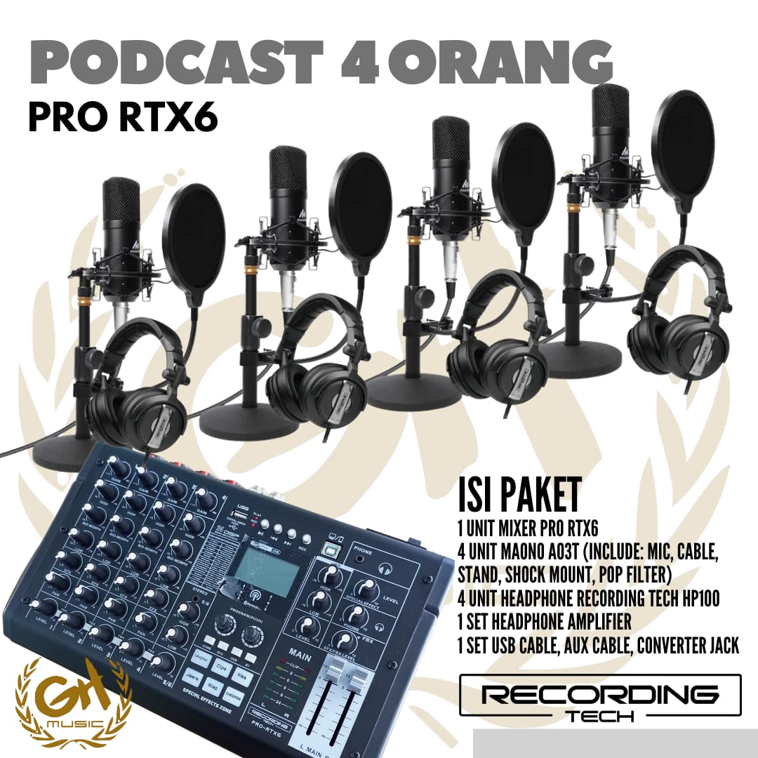 RECORDING TECH PRO RTX6 PLUS MAONO A03T, PAKET PODCAST 4 ORANG KOMPLIT