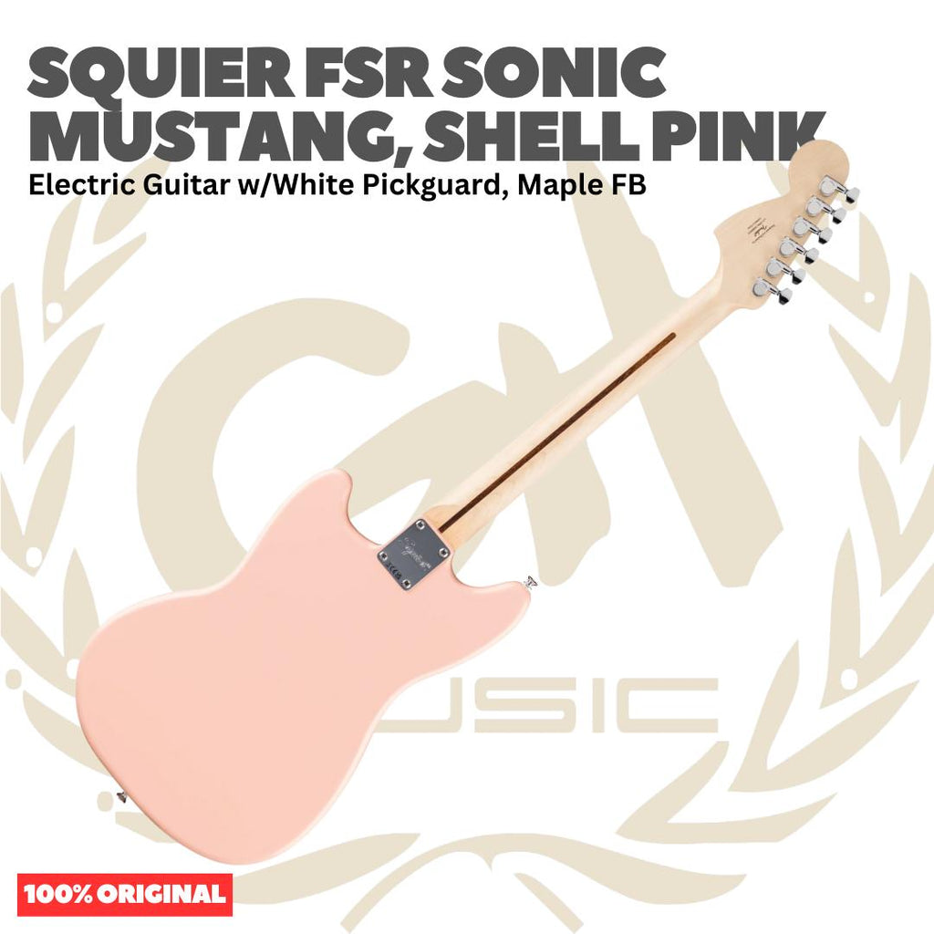 Squier FSR Sonic Mustang Electric Guitar w/White Pickguard, Maple FB, Shell Pink - Gitar Listrik Elektrik Original Asli