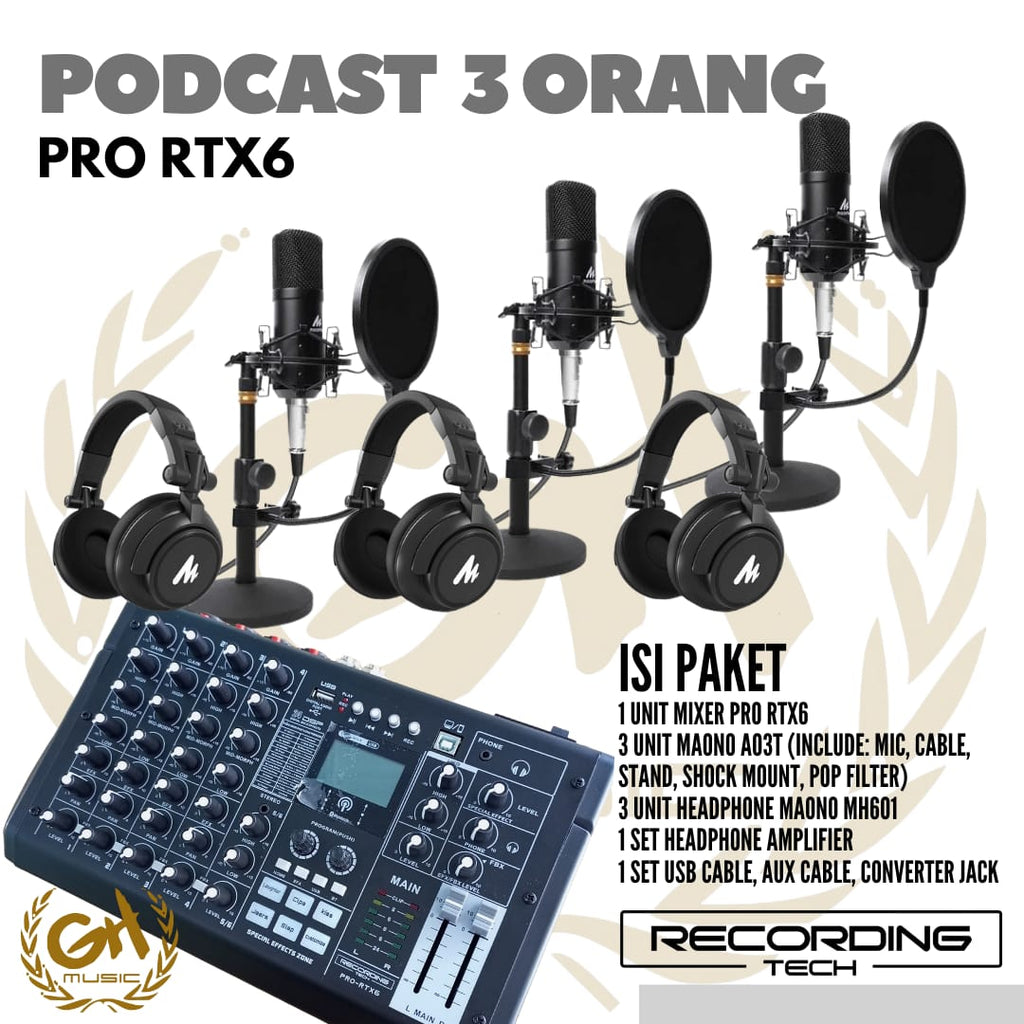 RECORDING TECH PRO RTX6 PLUS MAONO A03T, PAKET PODCAST 3 ORANG KOMPLIT