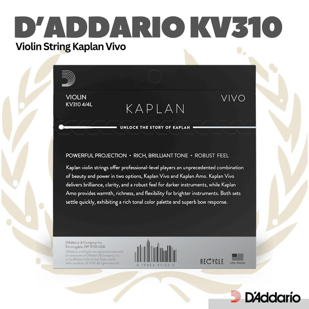 D'addario KV310-4/4L Kaplan Vivo Violin String Set, Light Tension - Senar Biola
