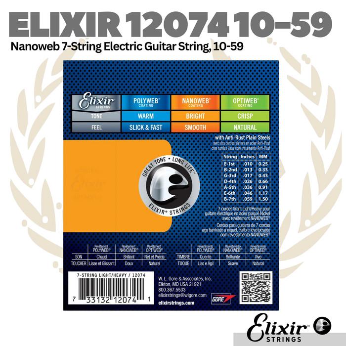 Elixir 12074 Nanoweb 7-String Electric Guitar Strings, 10-59