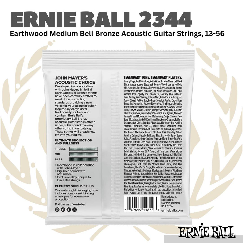 Ernie Ball 2344 Earthwood Medium Bell Bronze Acoustic Guitar Strings, 13-56 - Senar Gitar