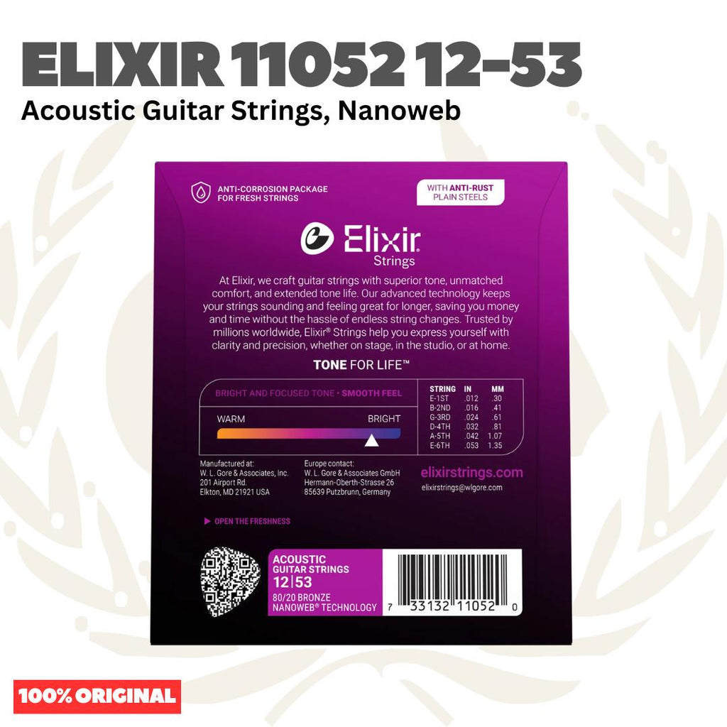 Elixir 11052 Nanoweb 80/20 Bronze Acoustic Guitar Strings, Light, 12-53 - Senar Gitar Akustik