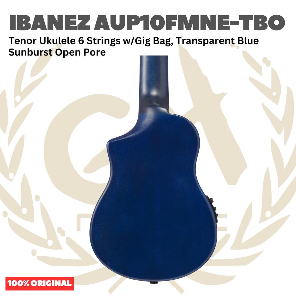 Ibanez AUP10FMNE-TBO Tenor Ukulele 6 String w/Gig Bag, Transparent Blue Sunburst Open Pore - Gitar Lele Elektrik dengan Preamp