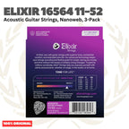 ELIXIR 16564 Nanoweb 3-Pack 80/20 Bronze Custom Light, 11-52 Acoustic Guitar Strings - Senar Gitar Acoustic isi 3Pack