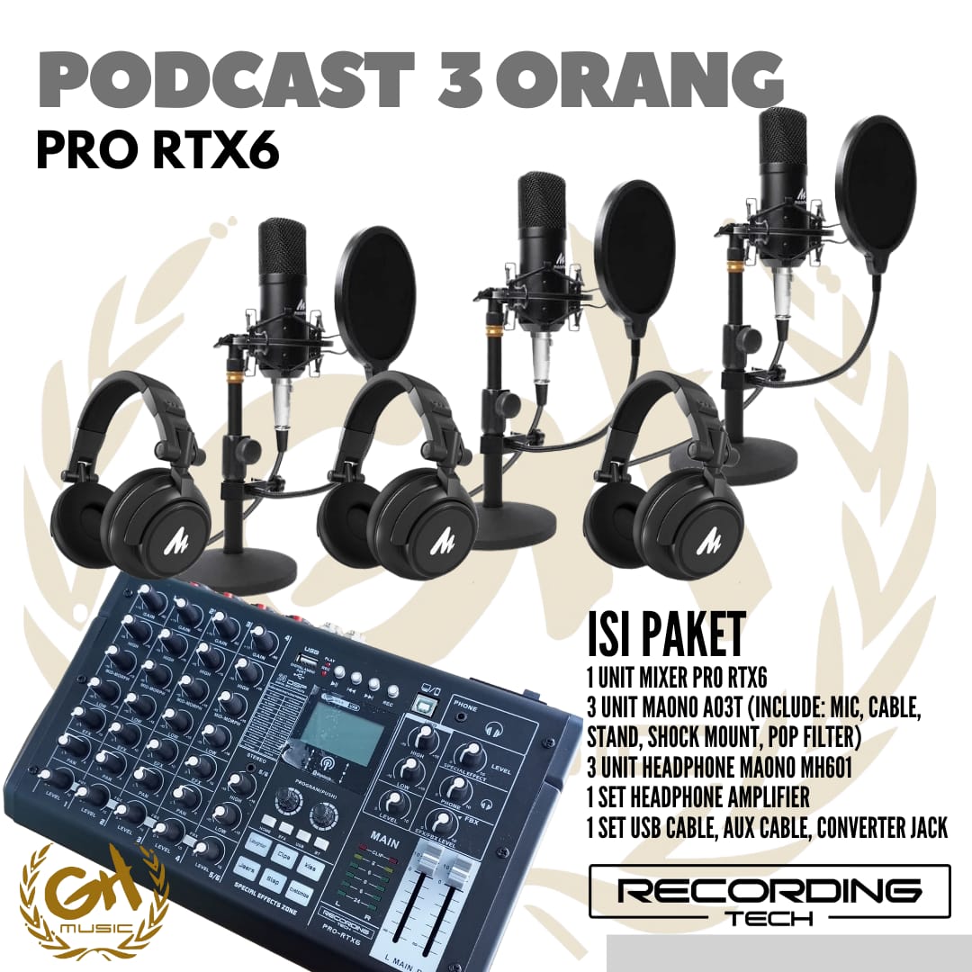 RECORDING TECH PRO RTX6 PLUS MAONO A03T, PAKET PODCAST 3 ORANG KOMPLIT