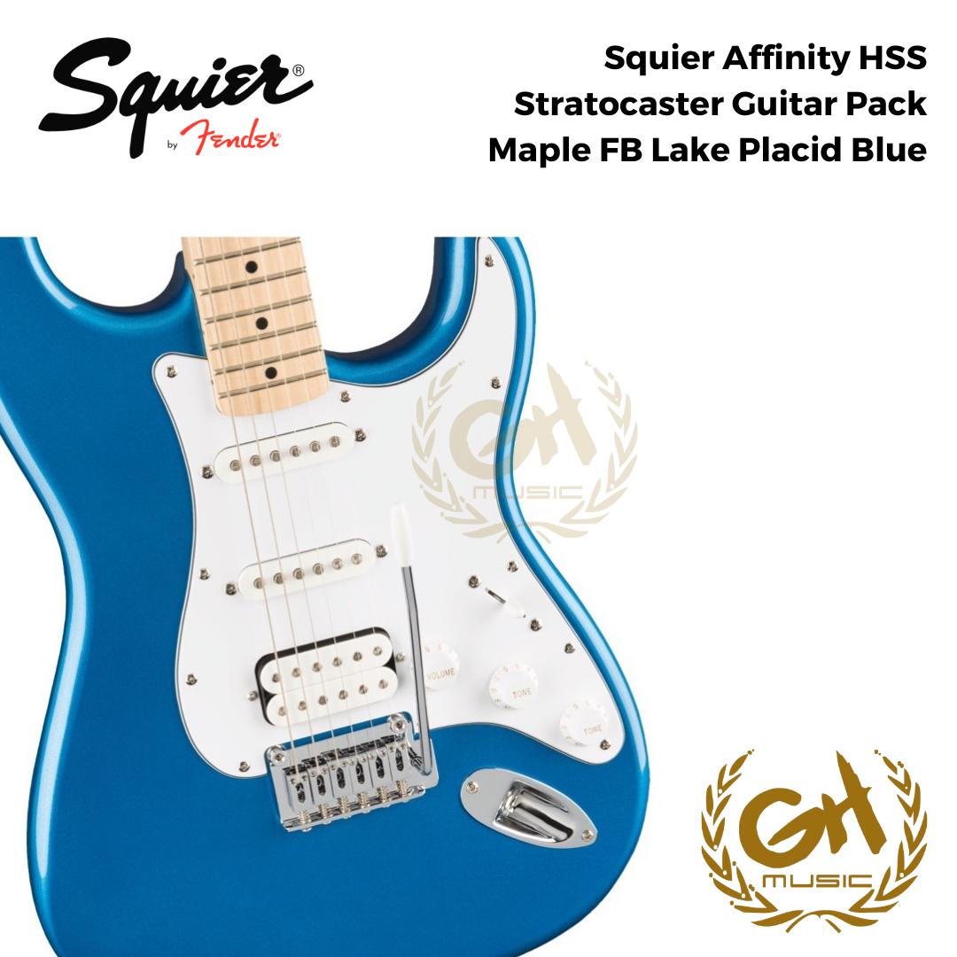 Squier Affinity HSS Stratocaster Guitar Pack, Maple FB, Lake Placid Blue
