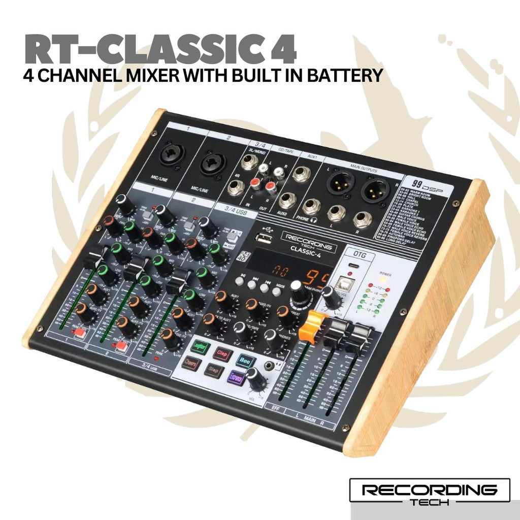 Recording Tech Classic4 4 Channel Audio Mixer With Built in Battery & USB | RT-CLASSIC 4 Baterai Tanam Charge Chas