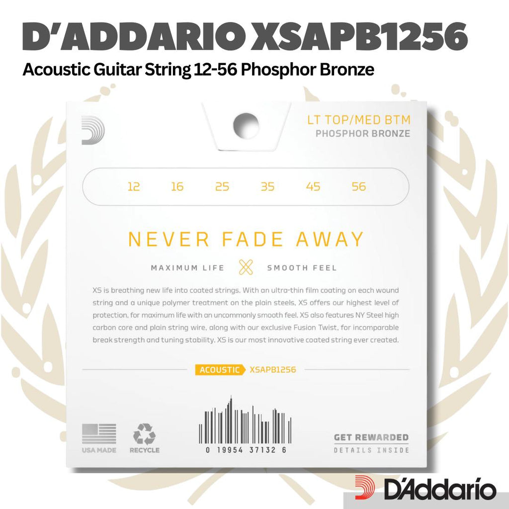 D'Addario XSAPB1256 Phosphor Bronze Acoustic Guitar Strings 12-56 - Senar Akustik Kombinasi Light Medium 1256 Phosphor Bronze XSAPB-1256