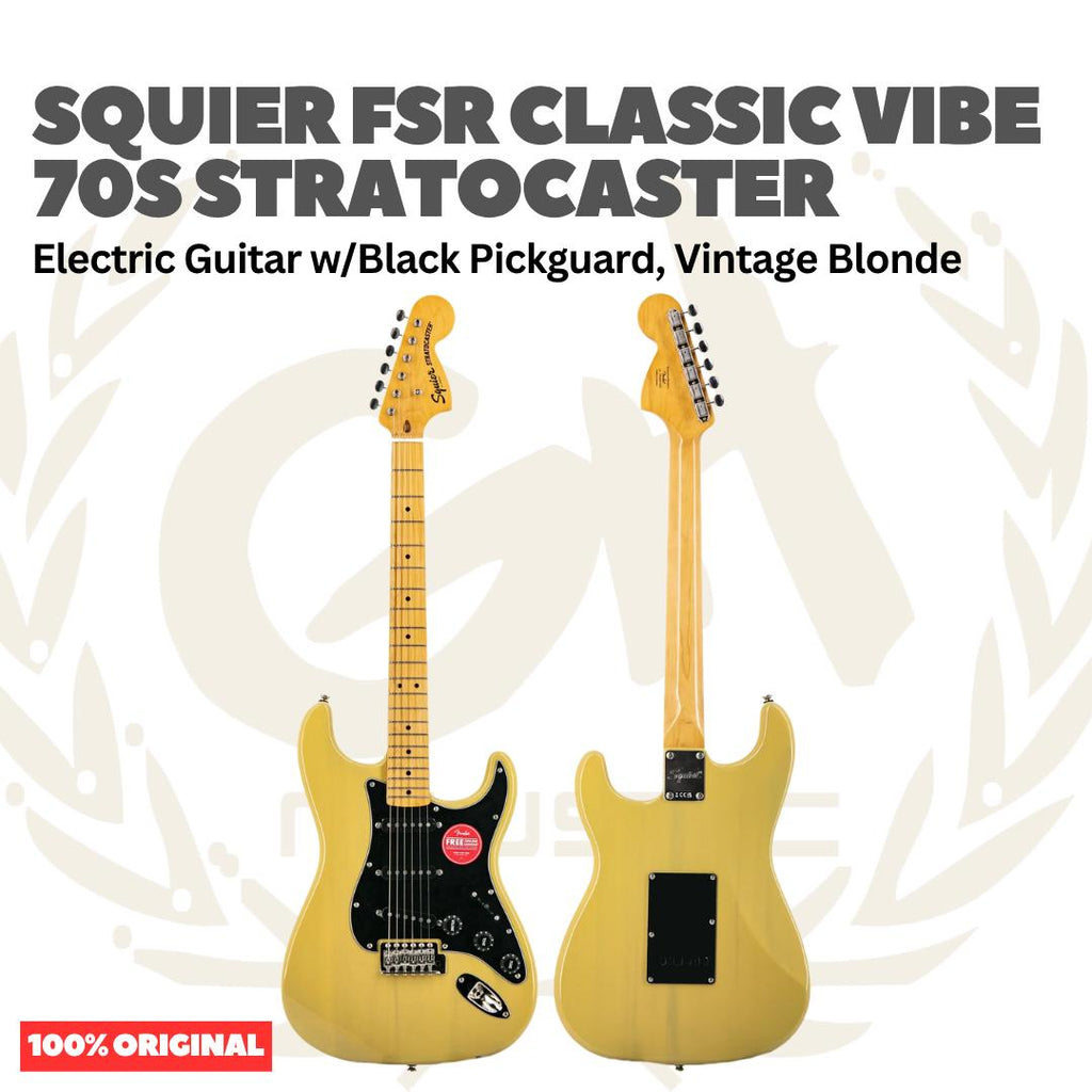 Squier FSR Classic Vibe 70s Stratocaster Electric Guitar w/Black Pickguard, Vintage Blonde - Gitar Listrik Elektrik