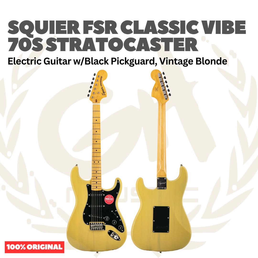 Squier FSR Classic Vibe 70s Stratocaster Electric Guitar w/Black Pickguard, Vintage Blonde - Gitar Listrik Elektrik