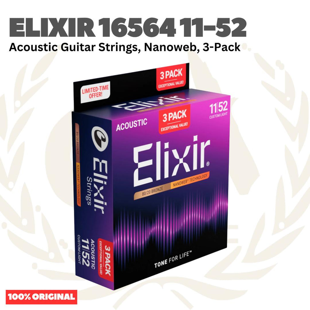 ELIXIR 16564 Nanoweb 3-Pack 80/20 Bronze Custom Light, 11-52 Acoustic Guitar Strings - Senar Gitar Acoustic isi 3Pack
