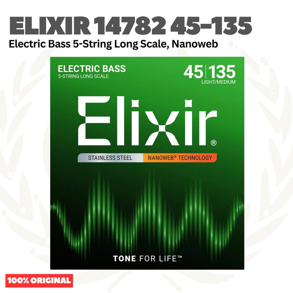 Elixir 14782 45-135 Med w/ Light B Long Scale Stainless Steel 5-String Electric Bass Guitar Strings - Senar Bass