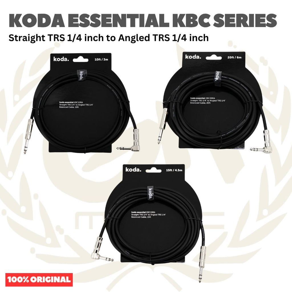 Koda Essential KBC Series Straight TRS 1/4 inch to Angled TRS 1/4 inch Balanced Cable - Kabel Instrumen