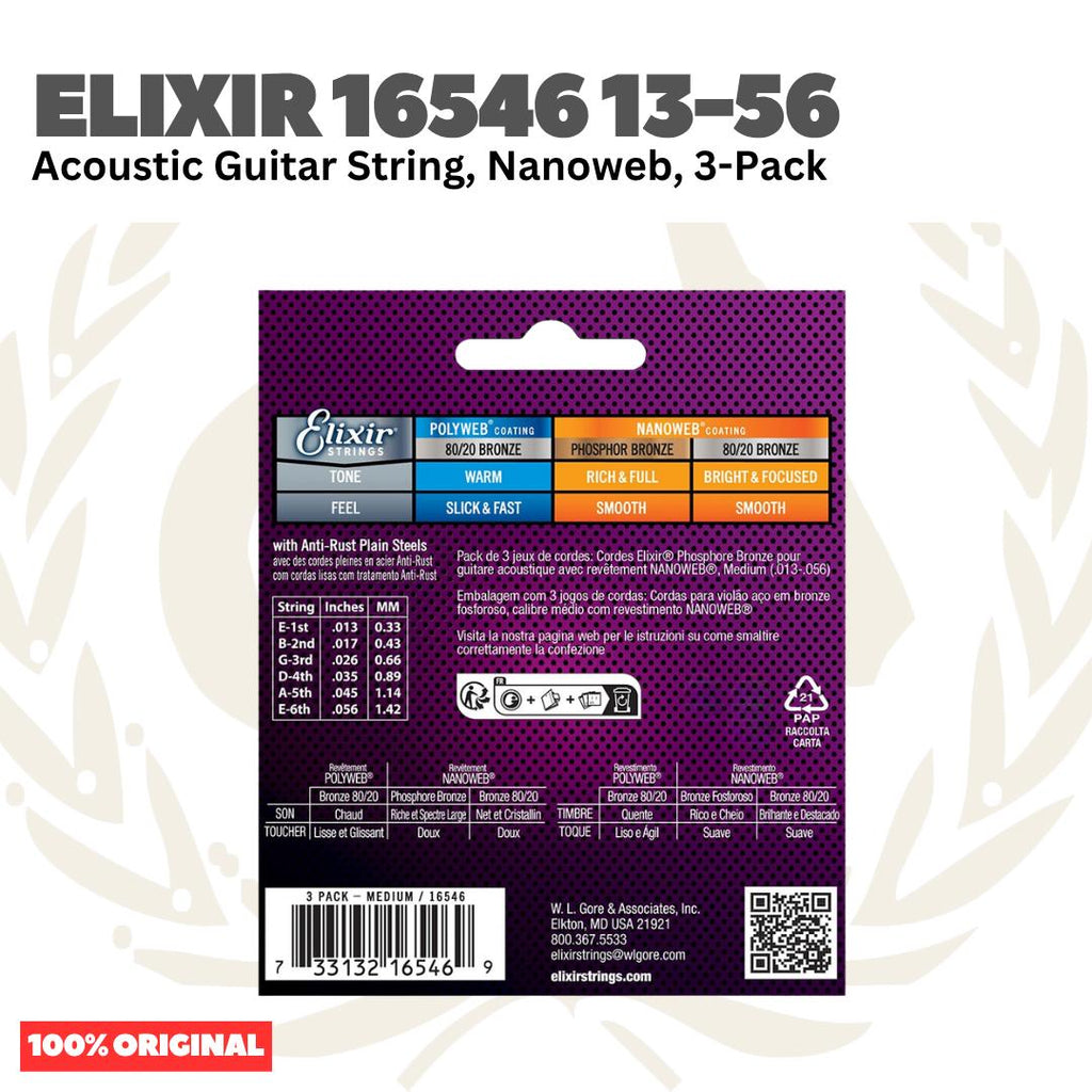 Elixir 16546 Nanoweb Phosphor Bronze Acoustic Guitar Strings, Medium, 13-56, 3-Pack - Senar Gitar Akustik 3-set