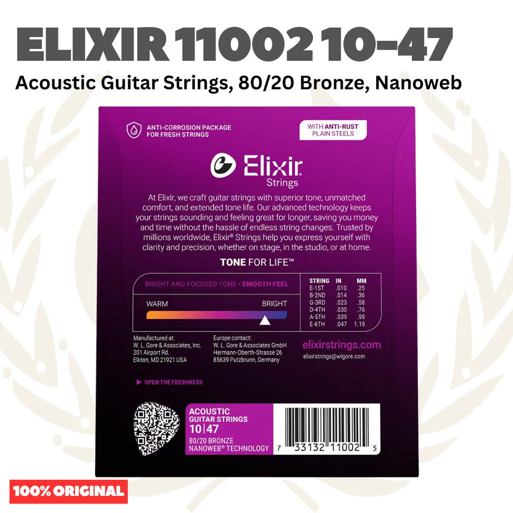 ELIXIR 11002 Nanoweb 80/20 Bronze Acoustic Guitar Strings 10-47 Senar