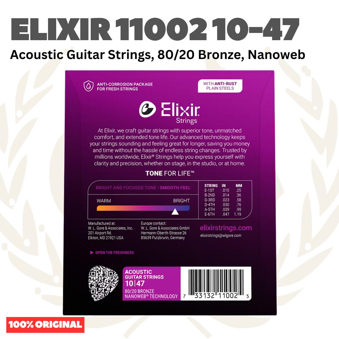 ELIXIR 11002 Nanoweb 80/20 Bronze Acoustic Guitar Strings 10-47 Senar