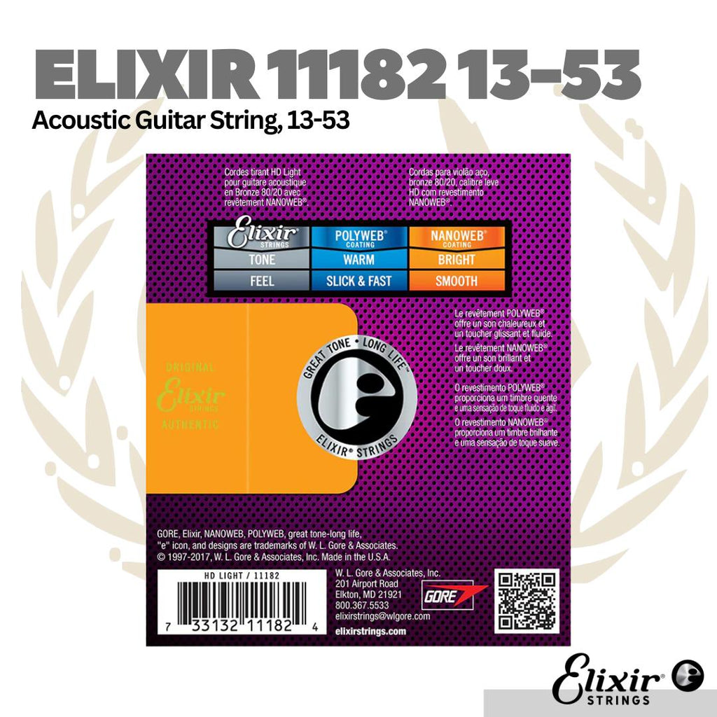 Elixir 11182 Nanoweb 80/20 Bronze Acoustic Guitar Strings, HD Light, 13-53