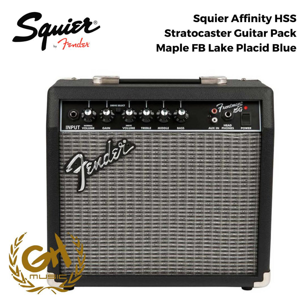 Squier Affinity HSS Stratocaster Guitar Pack, Maple FB, Lake Placid Blue