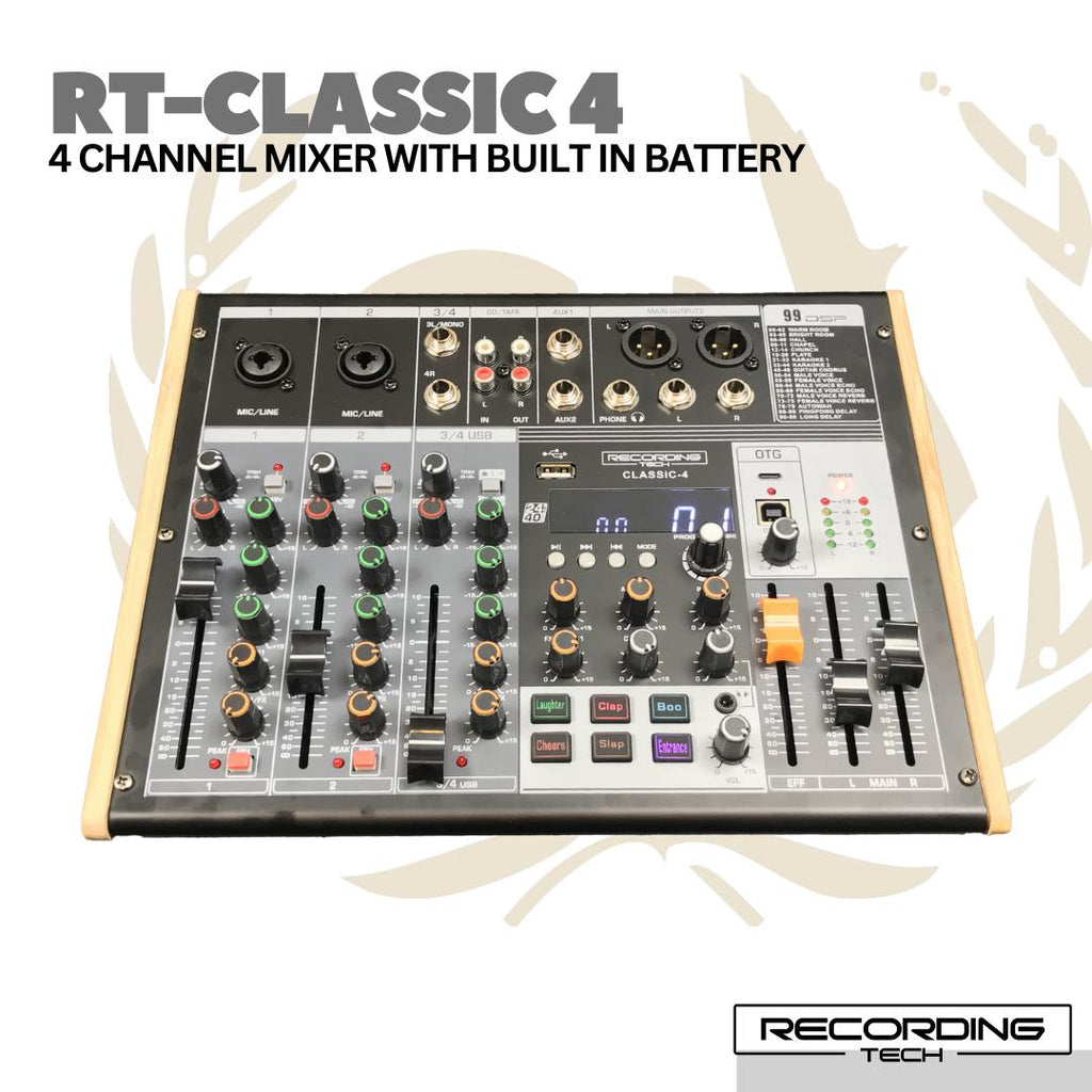 Recording Tech Classic4 4 Channel Audio Mixer With Built in Battery & USB | RT-CLASSIC 4 Baterai Tanam Charge Chas