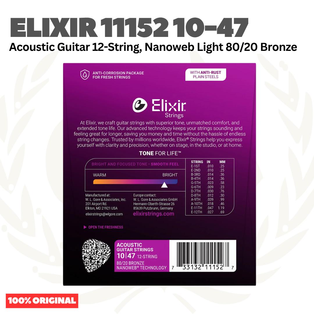 Elixir 11152 10-47 Nanoweb 80/20 Bronze Acoustic Guitar Strings, 12-String