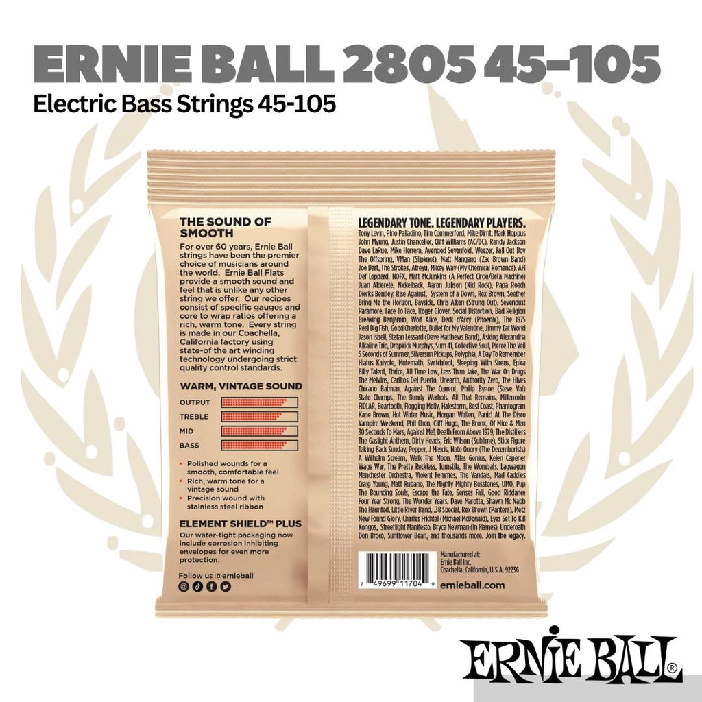 Ernie Ball 2805 Flatwound Group 2.5 Electric Bass Strings, 45-105