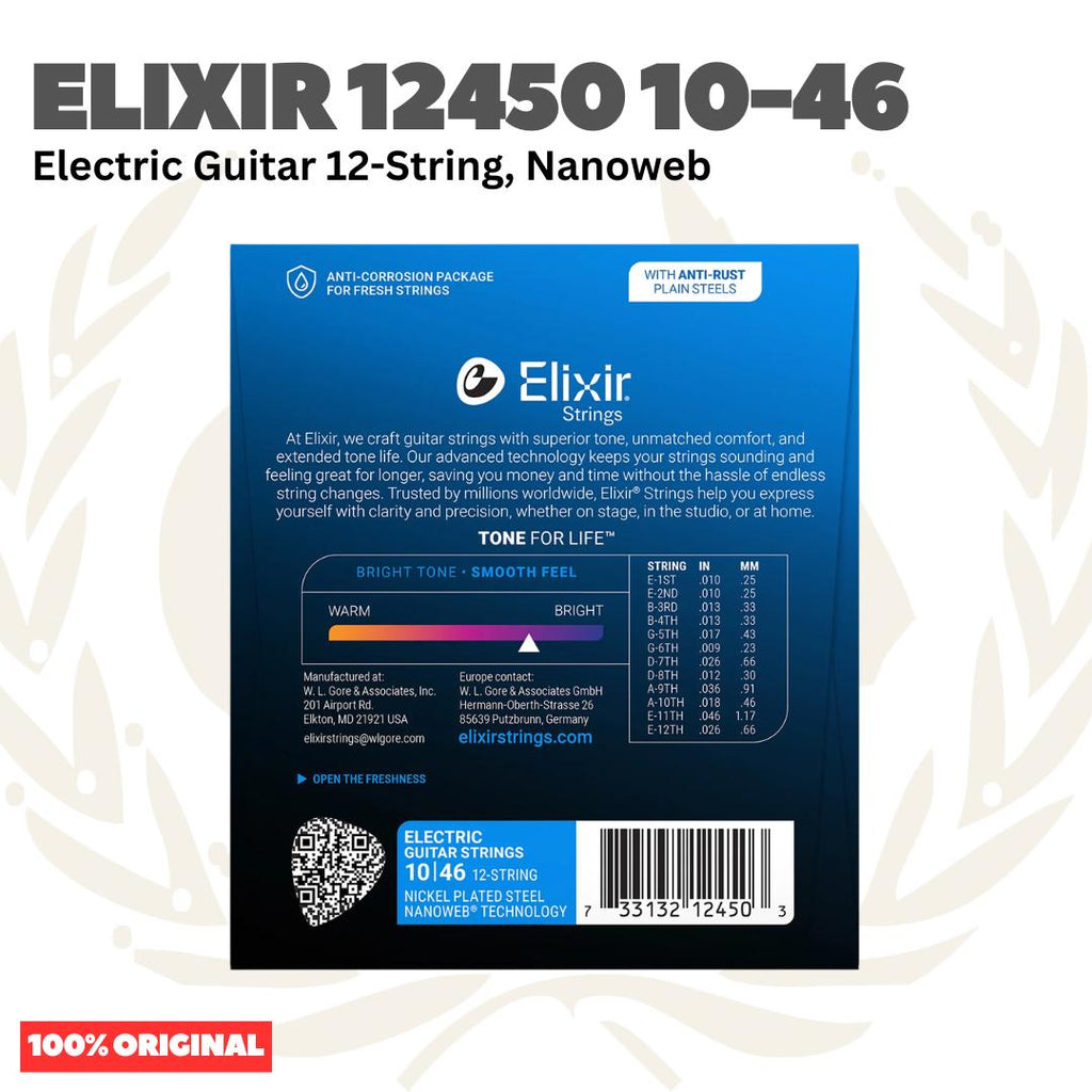 Elixir 12450 Nanoweb Electric Guitar Strings, 12-String Light, 10-46 - Senar Gitar Listrik