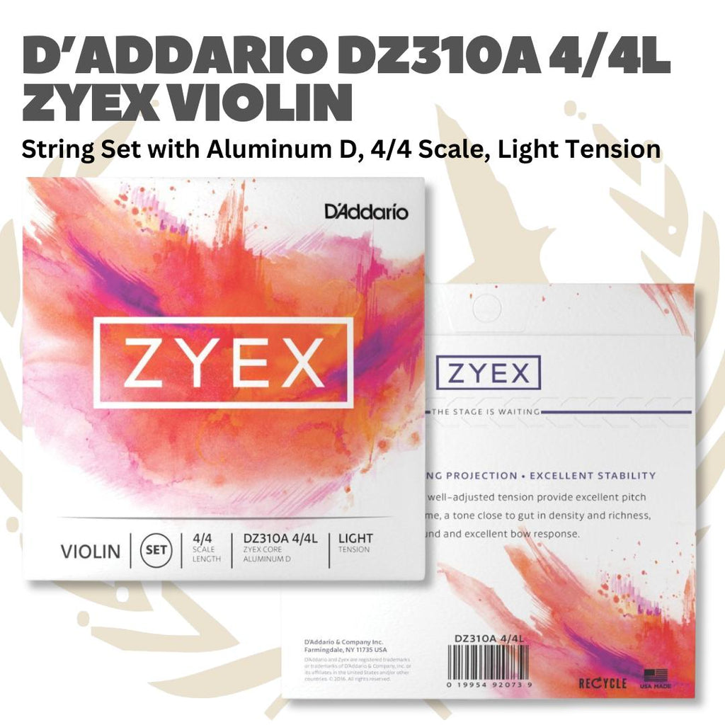D'Addario DZ310A 4/4 Zyex Violin String Set with Aluminum D, 4/4 Scale, Heavy, Medium & Light Tension - Senar Violin Set Original