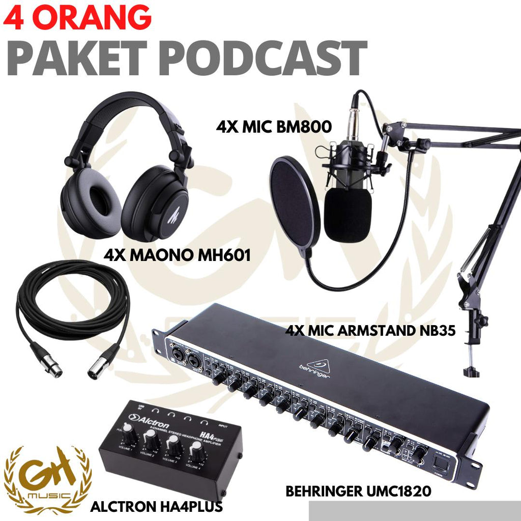 PAKET PODCAST 4 ORANG: BEHRINGER UMC1820 + MAONO MH601 + PAKET BM800