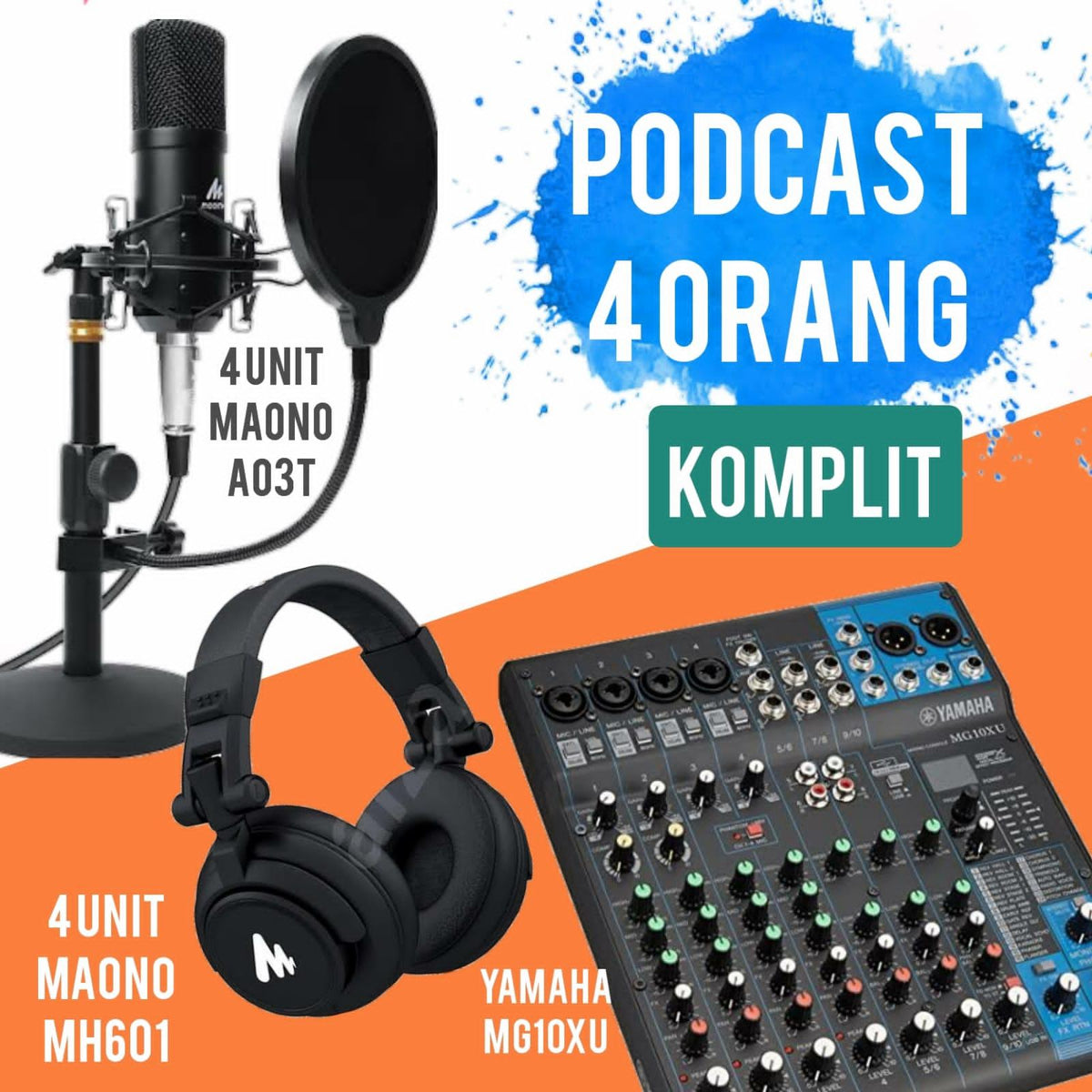 PAKET PODCAST BEREMPAT KOMPLIT MAONO A03T, MAONO MH601 PLUS MIXER