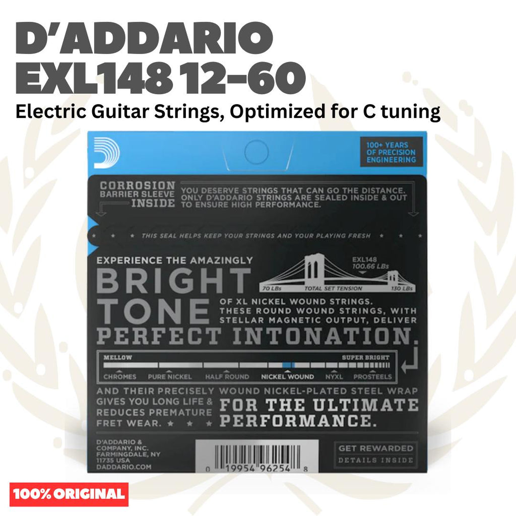 D'Addario EXL148 12-60 Nickel Wound, Optimized for C Tuning, Electric Guitar Strings - Senar Gitar Listrik Elektrik EXL 148