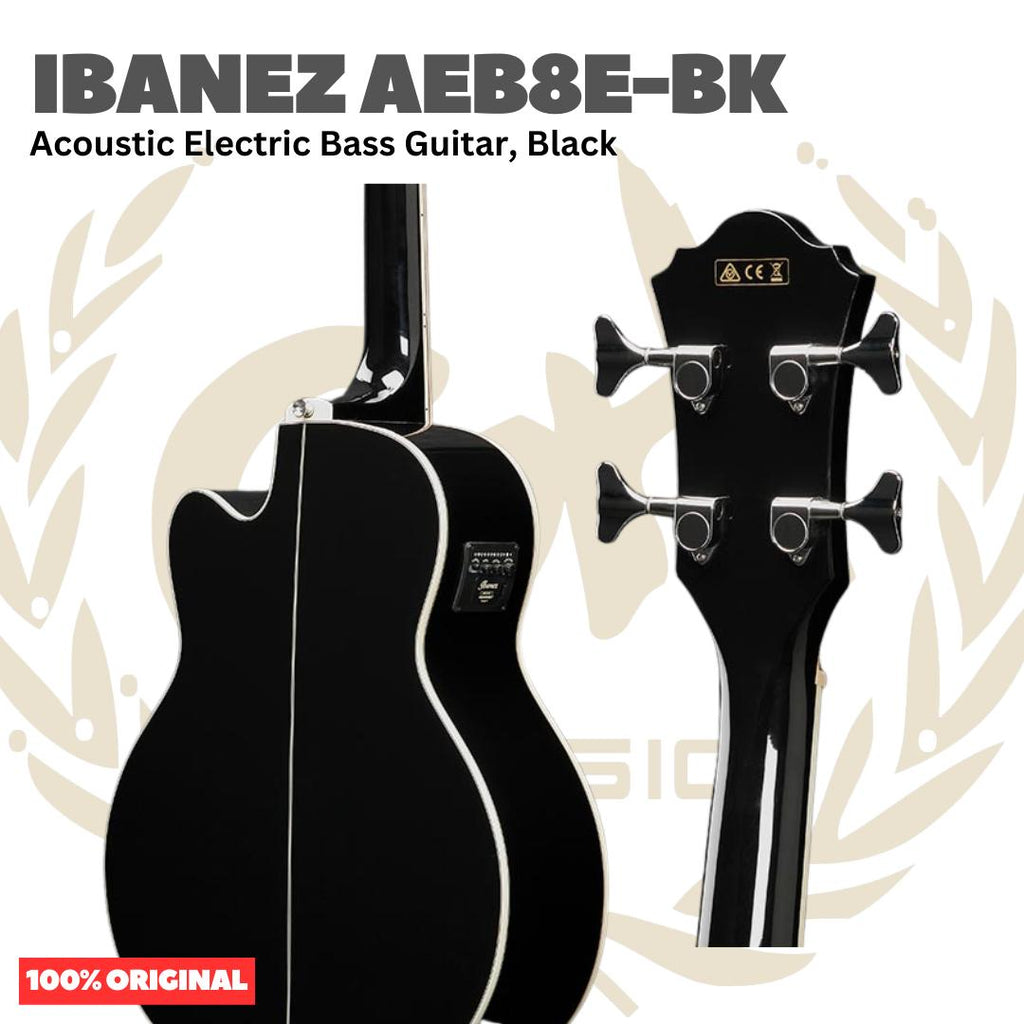 Ibanez AEB8E-BK Acoustic Bass Guitar, Black - Gitar Bass Akustik Elektrik dengan Preamp