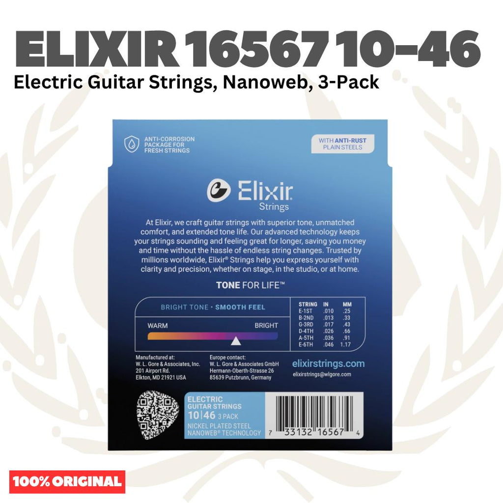 ELIXIR 16567 Nanoweb 3-Pack Nickel Plated Steel Light, 10-46 Electric Guitar String - Senar Gitar Listrik Elektrik isi 3Pack