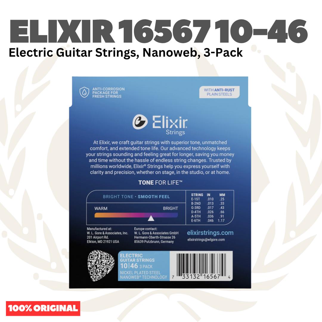 ELIXIR 16567 Nanoweb 3-Pack Nickel Plated Steel Light, 10-46 Electric Guitar String - Senar Gitar Listrik Elektrik isi 3Pack