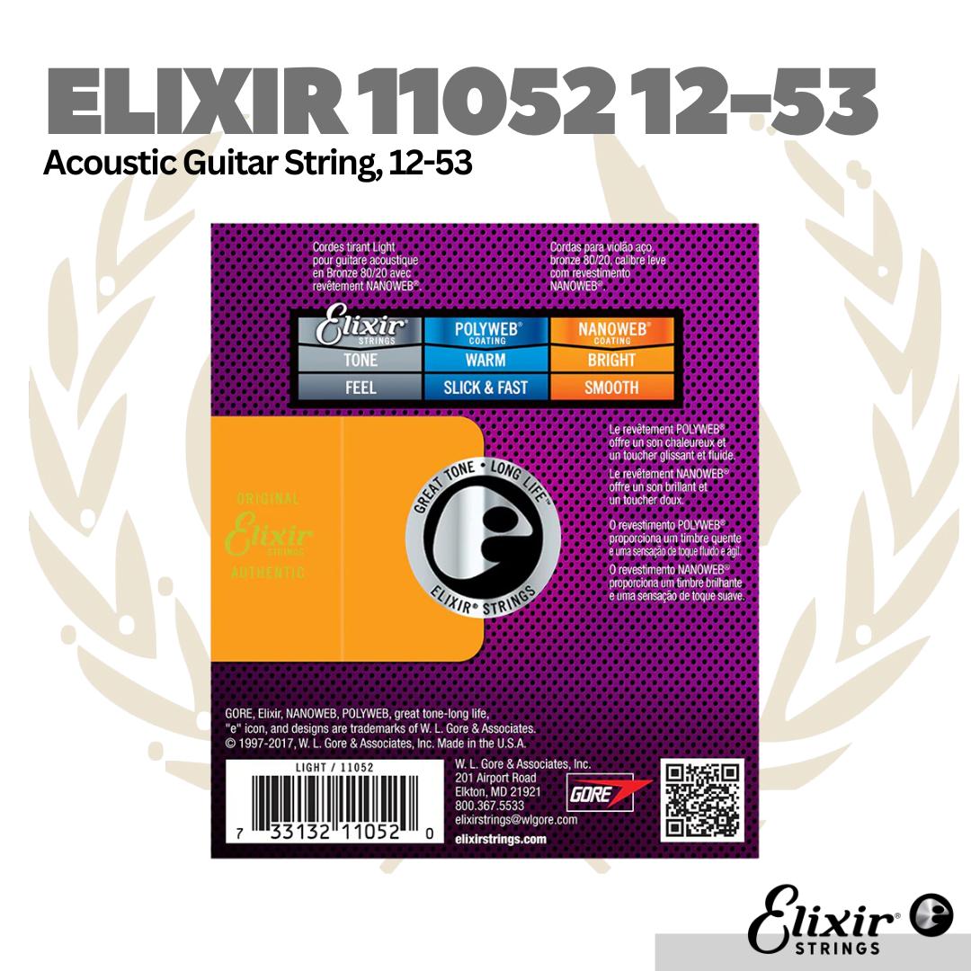 Elixir 11052 Nanoweb 80/20 Bronze Acoustic Guitar Strings, Light, 12-53