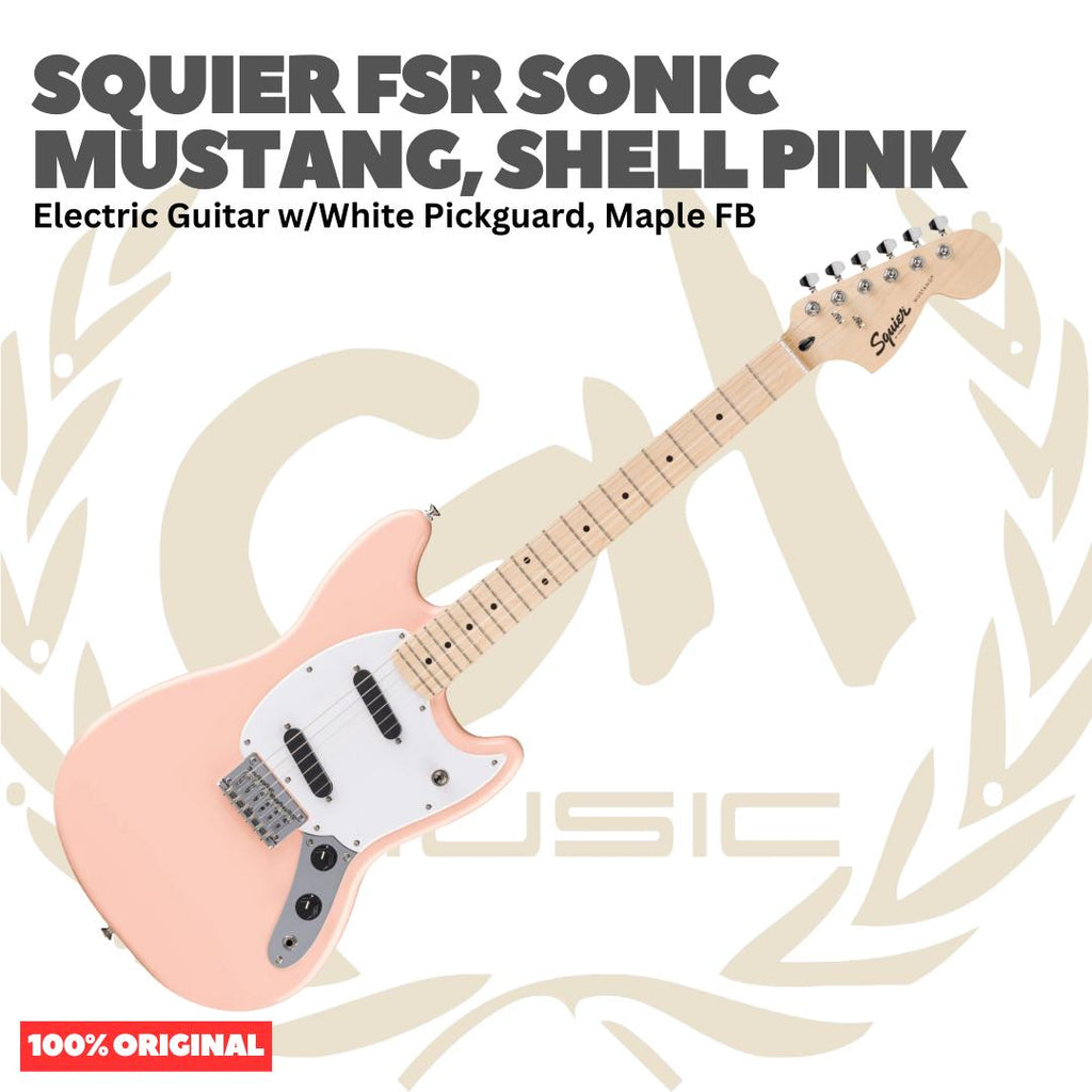 Squier FSR Sonic Mustang Electric Guitar w/White Pickguard, Maple FB, Shell Pink - Gitar Listrik Elektrik Original Asli