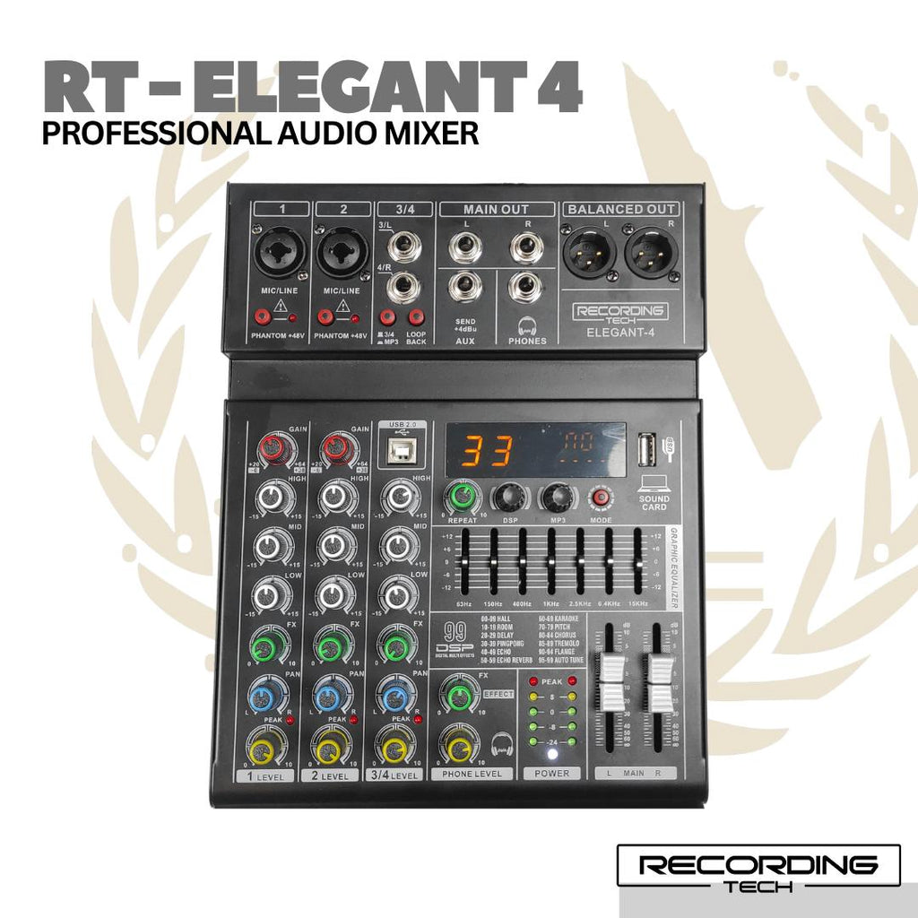 Recording Tech Elegant-4 Professional Audio Mixer | RT-Elegant4 4 Channel Mixer Podcast Karaoke
