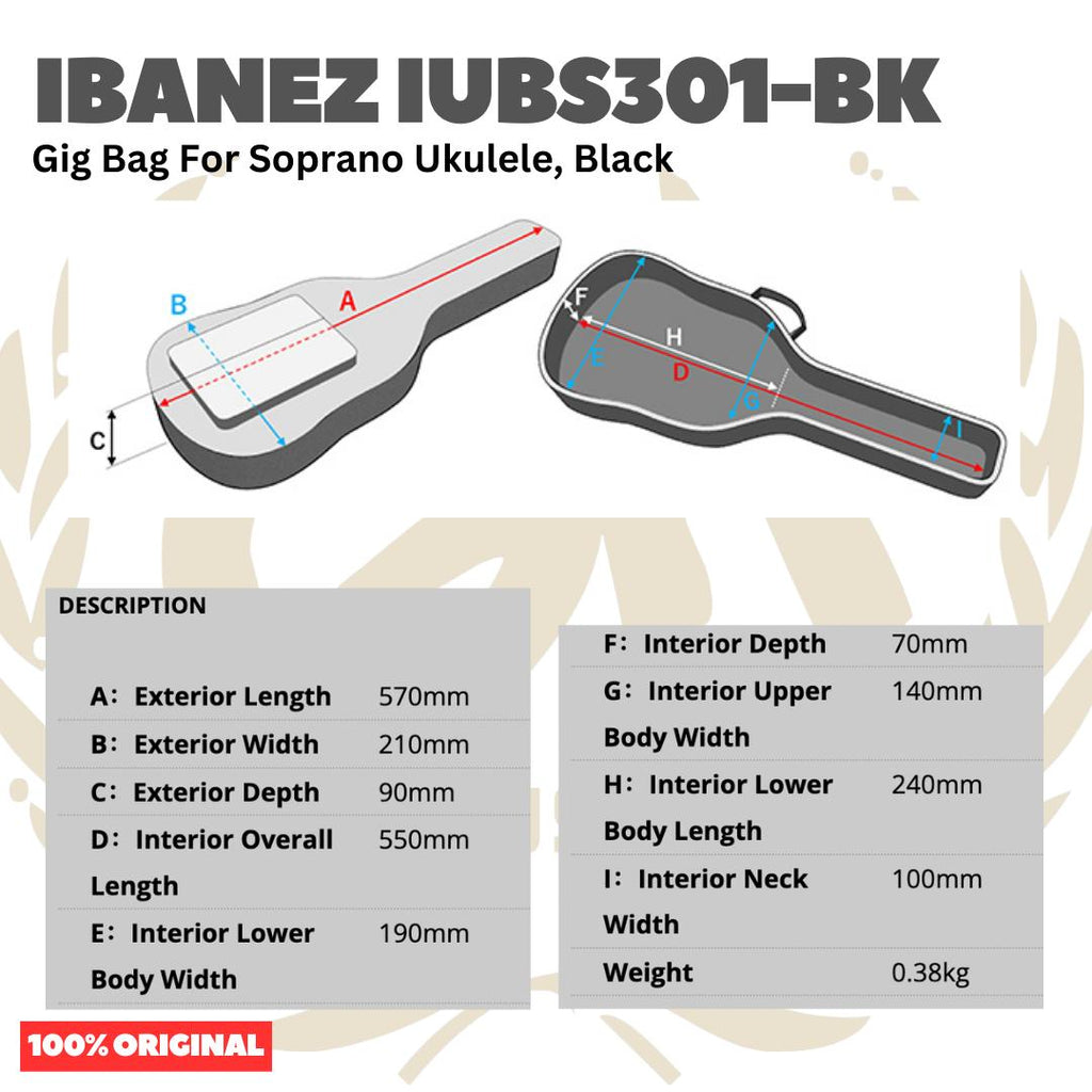 Ibanez IUBS301-BK Gig Bag For Soprano Ukulele - Tas Ukulele
