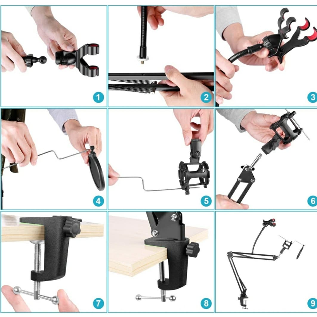 MICROPHONE ARM STAND PLUS POP FILTER DAN HANDPHONE HOLDER PODCAST ZOOM