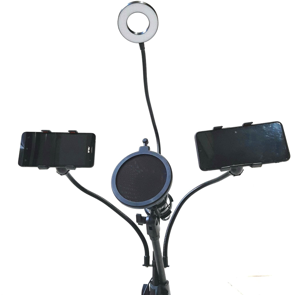 STAND MIC LAMPU 2 HP HOLDER UNTUK ZOOM SMULE BIGO COVER LAGU STREAMING