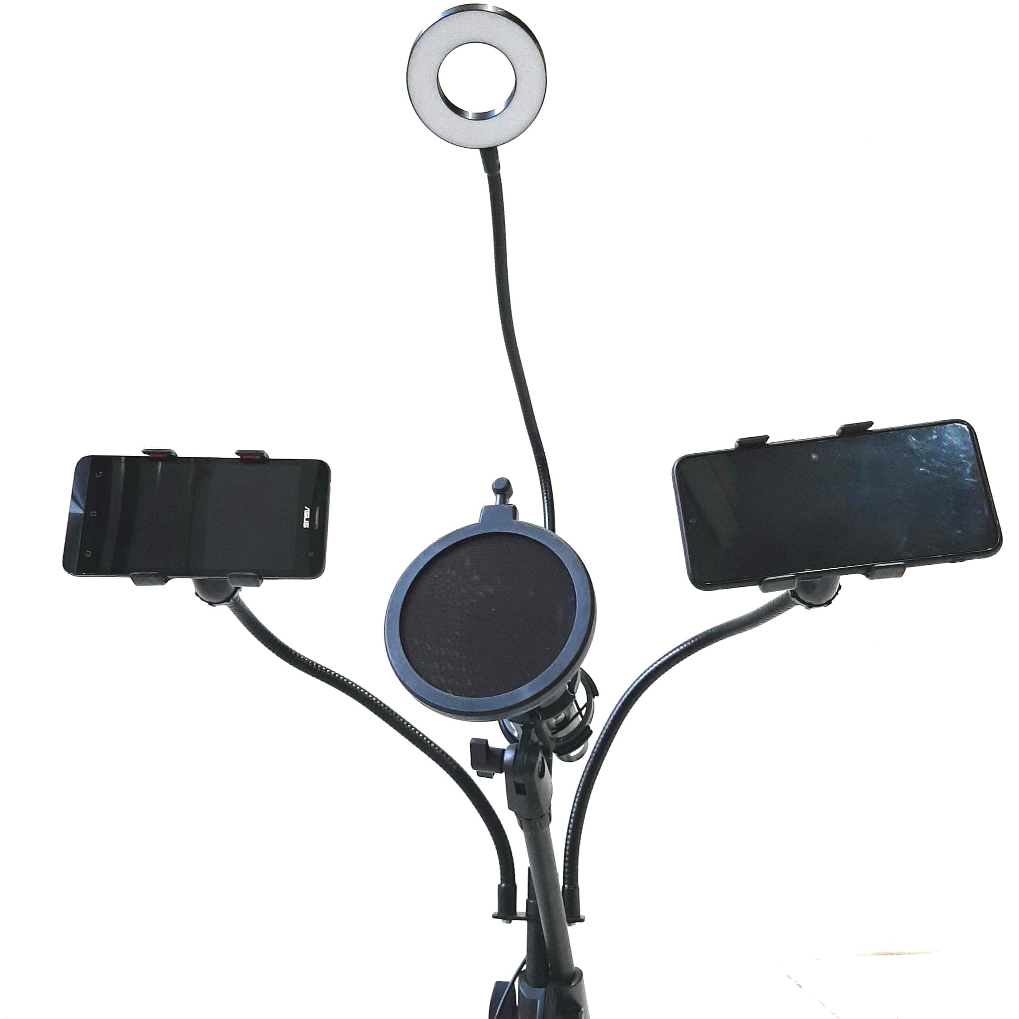STAND MIC LAMPU 2 HP HOLDER UNTUK ZOOM SMULE BIGO COVER LAGU STREAMING