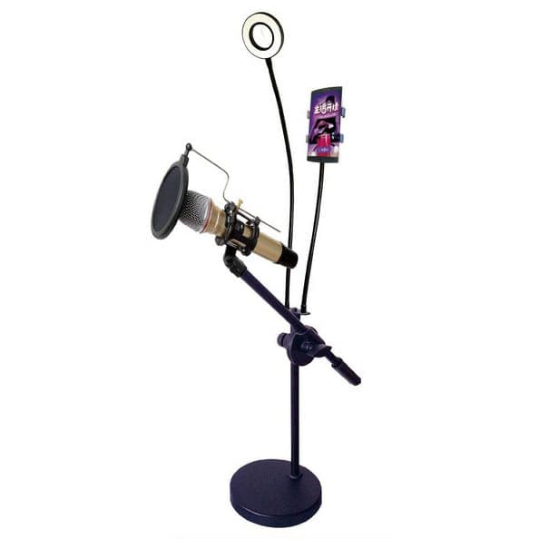 Stand Microphone Plus Handphone Holder Plus Ring Light