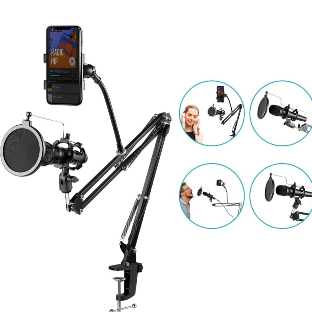 MICROPHONE ARM STAND PLUS POP FILTER DAN HANDPHONE HOLDER PODCAST ZOOM