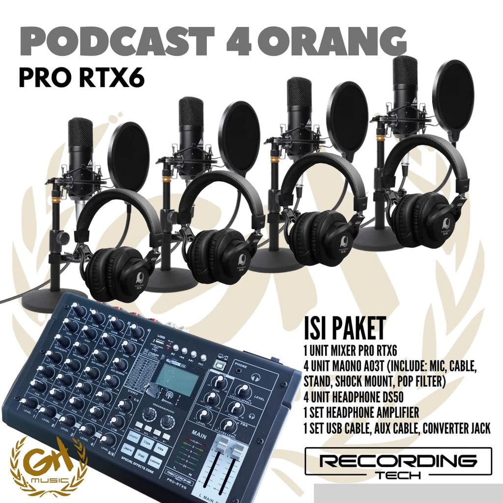 RECORDING TECH PRO RTX6 PLUS MAONO A03T, PAKET PODCAST 4 ORANG KOMPLIT