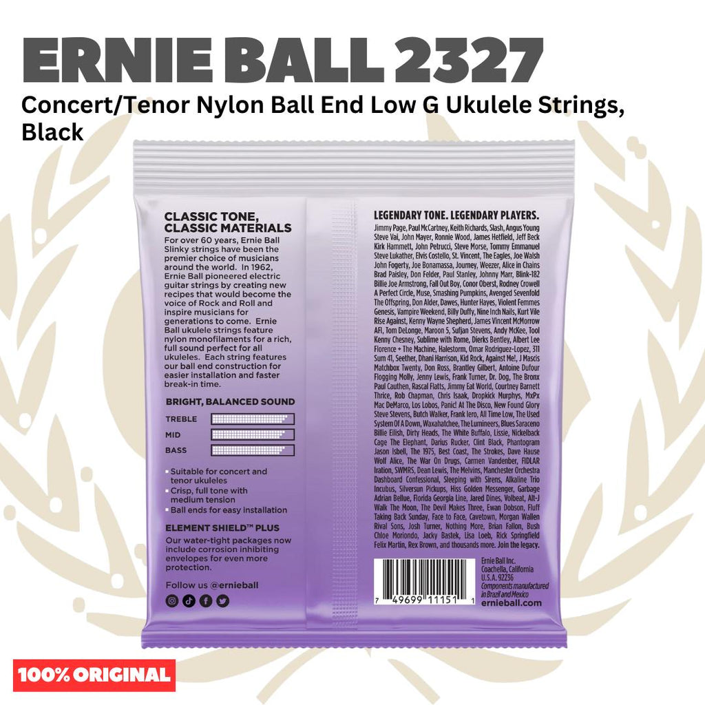 Ernie Ball 2327 Concert/Tenor Nylon Ball End Low G Ukulele Strings, Black - Senar Ukulele